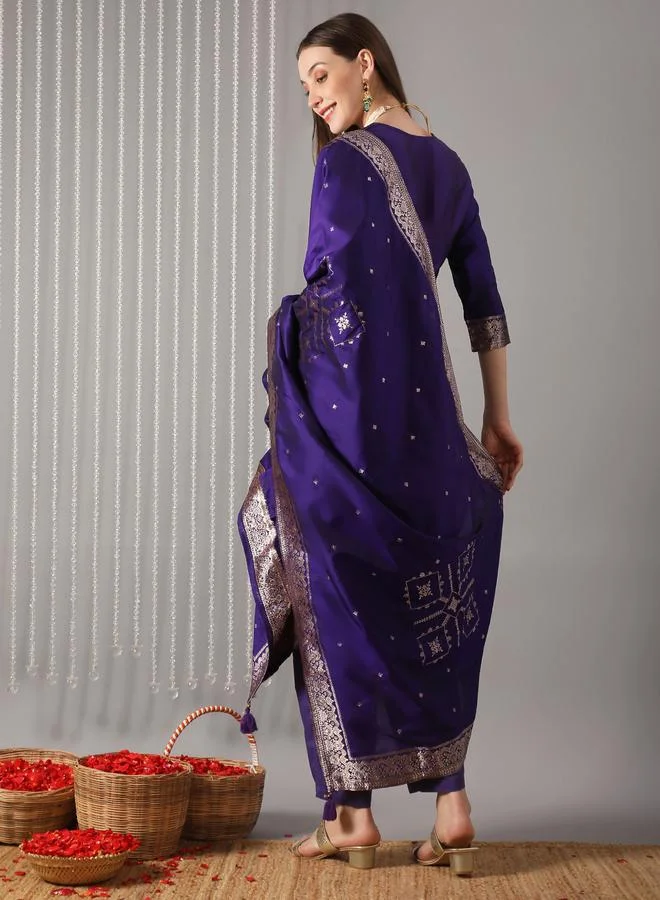 globus Women Navy Blue Embroidered Straight Kurta with Pant and Silk Dupatta Set